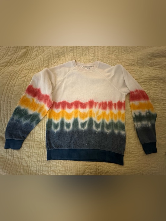 feat Tops - Crewneck Tie-Dye Stripe Sweatshirt in White with Red, Yellow & Blue